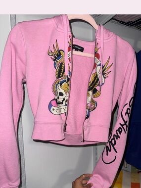 Pink Graphic Zip-Up Hoodie with Skull & Wings